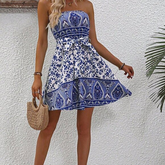 Blue Boho Women's Allover Print Belted Tube Dress - Picture 4 of 6
